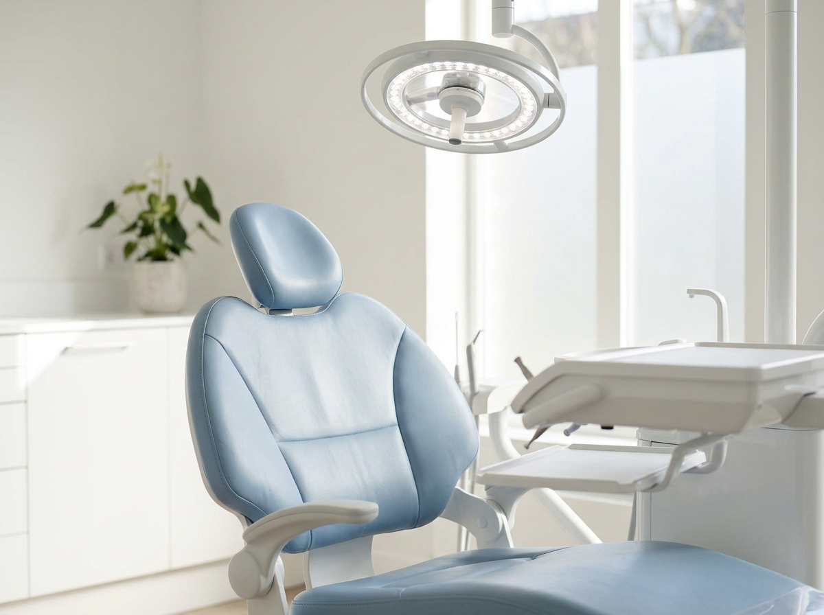 A modern dental chair and examination light in a bright treatment room
