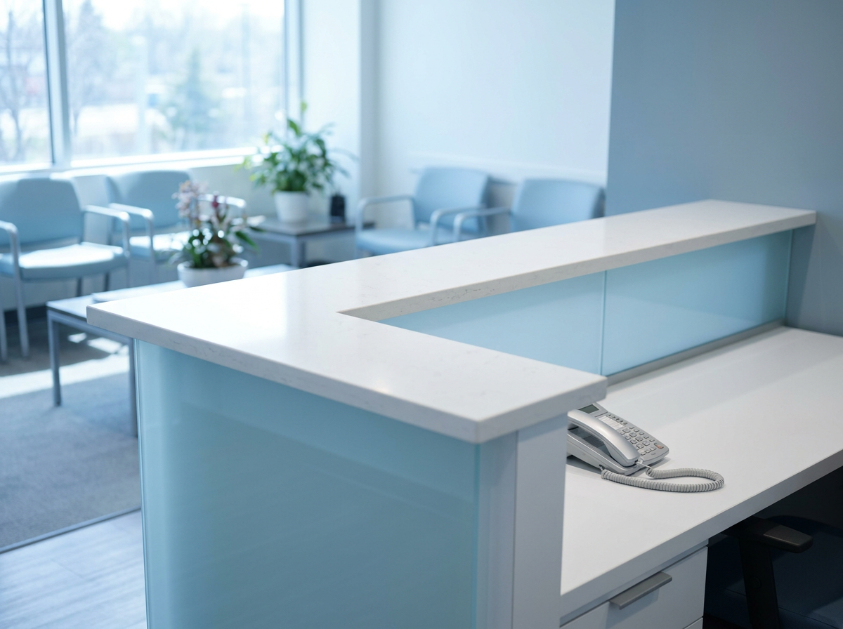 An empty dental practice reception desk with an unanswered phone